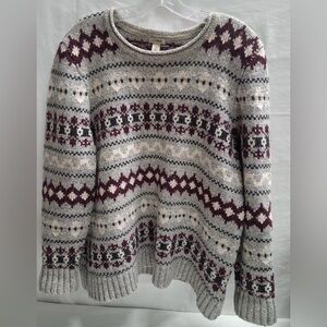 L.L. Bean Gray Burgundy Black & White Fair Isle Sweater 100% lamb’s wool XL Pet